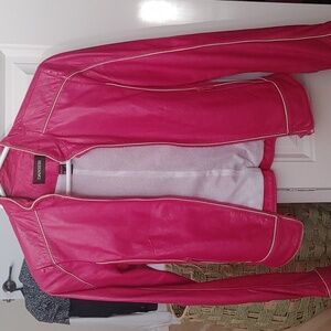 Danier Red Leather Moto Jacket with Contrast Piping